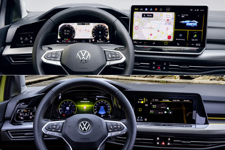 Neuer und bisheriger Look im Interieur: Schön integriert ist der Monitor weder hier noch dort, auch das sog. Lichtzentrum und die Luftduschen ohne Rändelrad bleiben ein Ärgernis. Kombiinstrument ist kleiner und einfacher als im Golf VII