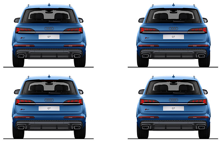 Am Heck gibt es diese Auswahl. Merkwürdig, dass sich die Designs nicht stärker unterscheiden und dass Audi nicht die Blinker miteinbezieht