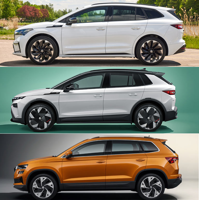 Der Elroq (Mitte) steht wie der Enyaq (oben) auf der MEB-Plattform und hat auch den gleichen Radstand. Die 20 Zentimeter weniger Außenlänge betreffen vor allem den Kofferraum. Unten der konventionelle Karoq. (Bilder sind nicht maßstabsgleich)