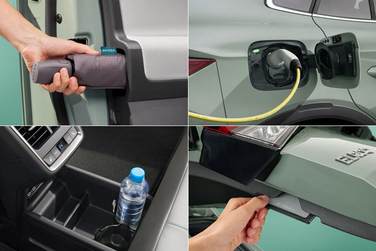 Super: Integrierter Regenschirm. Praxistauglich: Stromanschluss auf der rechten Fahrzeugseite. Praktisch: Mittelfach im Fond ist entnehmbar. Immer wieder nett: Eiskratzer in der Heckklappe