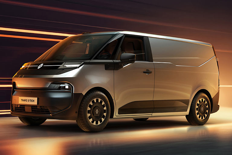 Gestatten, Renault Trafic, vierte Generation. Der elektrische Transporter setzt auf eine dreiteilige Frontscheibe und nur 1,90 Meter Höhe