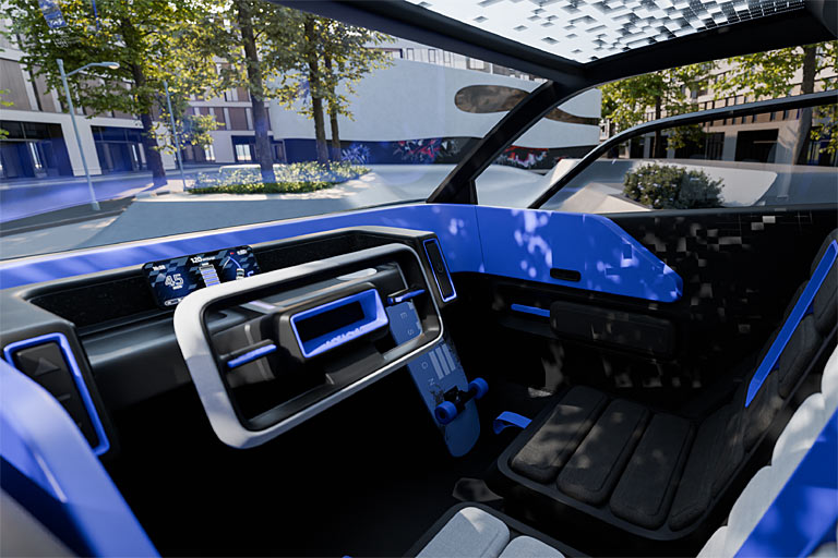 Das Sakteboard ist nur Lifestyle-Deko, das geteilte Fenster und das rechteckige Lenkrad mit allen Fahrfunktionen (keine Pedalerie) gehören zum Konzept. Das große Display wirkt gut