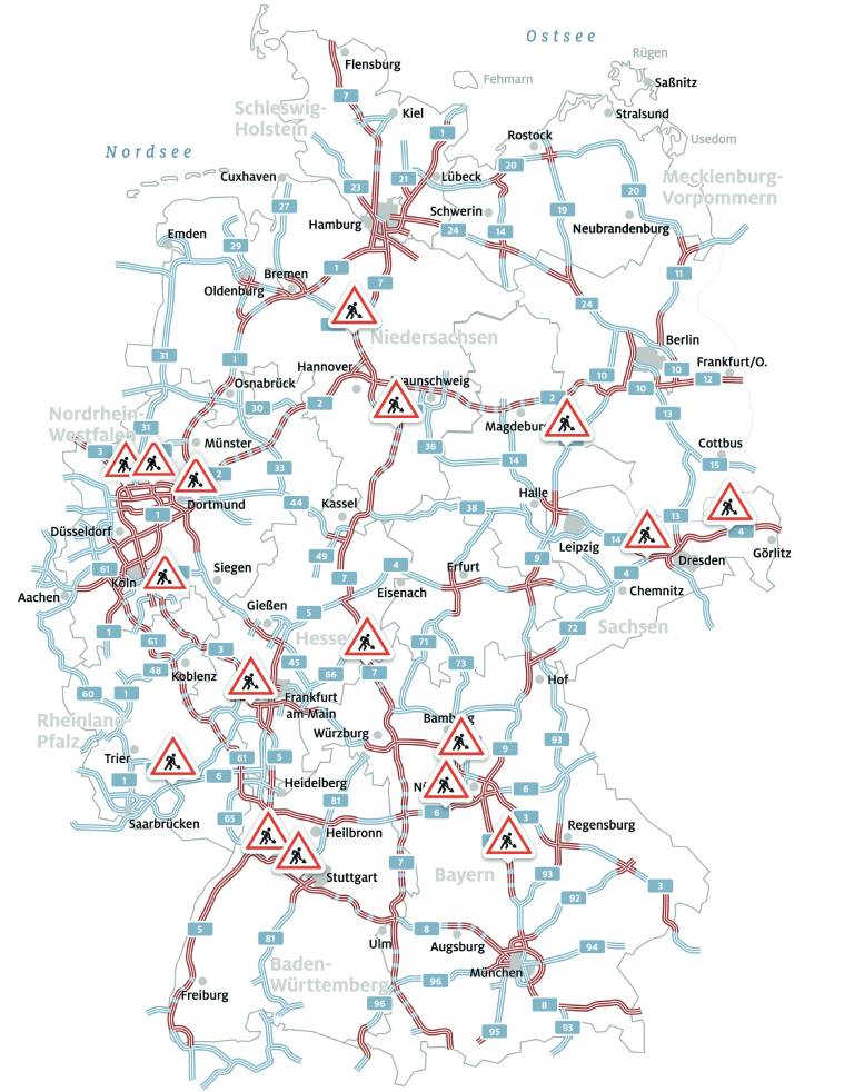 Die Karte zeigt die Autobahn-Bereiche, auf denen im Sommerreiseverkehr 2025 Baustellen eingerichtet sind und damit erhöhte Staugefahr besteht