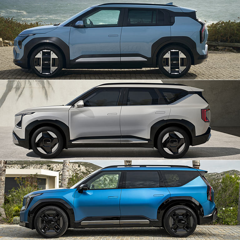 Baureihen im Vergleich (nicht maßstabsgetreu): Der GT9 (unten, hier als GT-Line) scheint uns am schönsten, der kompakte EV3 (oben) trotz des hinteren Türgriffs auf Platz 2